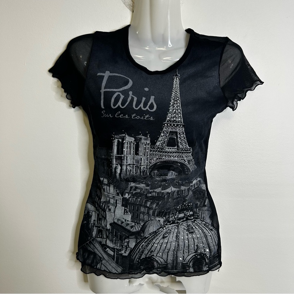 ◾️Y2K Hello Paris Eiffel Tower Graphic Lettuce Trim Sheer Back T Shirt